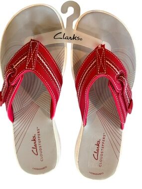 Clarks Women's Red Cloudsteppers Nautical Beach Flip Flops Thong Sandals Size 7